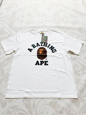 A Bathing Ape White Short-Sleeve Logo Tee with Camo Ape Graphic